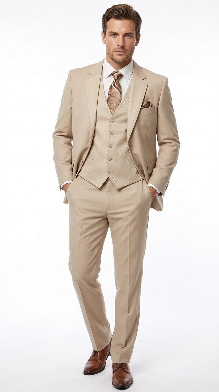 Men’s Tan Beige 3 Piece Tuxedo Suit – Beige Formal Suit Set with Vest, Patterned Lapel and Tie for Wedding, Prom in Tan Khaki Color