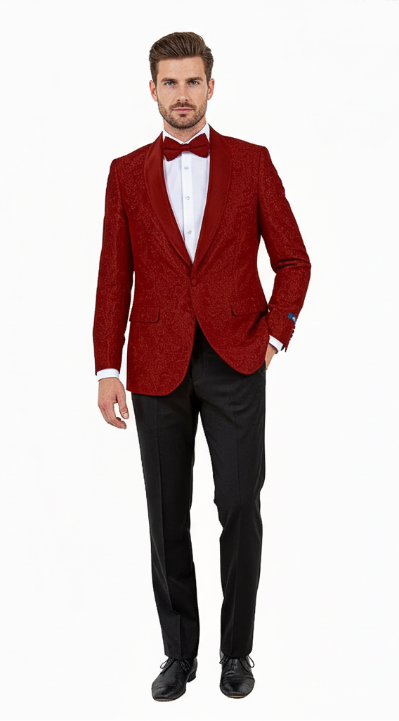 Big and Tall Men’s Burgundy Paisley Tuxedo Jacket – Satin Shawl Lapel Blazer with Bow Tie for Weddings, Proms, and Special Events