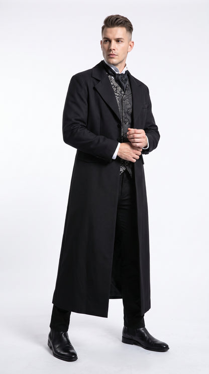 Men’s Matrix Neo Inspired Black Wool Duster Coat – Long Gothic Victorian Full Length Overcoat