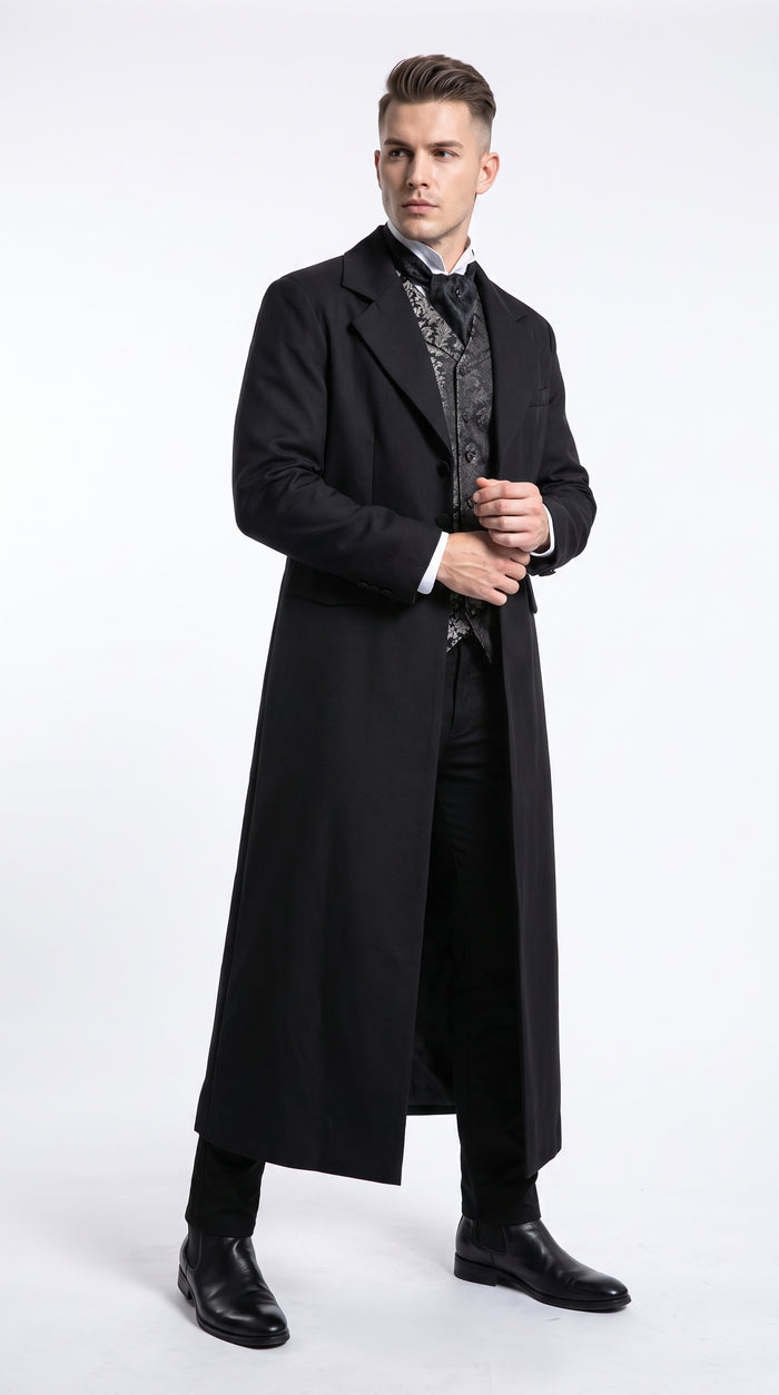Men’s Matrix Neo Inspired Black Wool Duster Coat – Long Gothic Victorian Full Length Overcoat