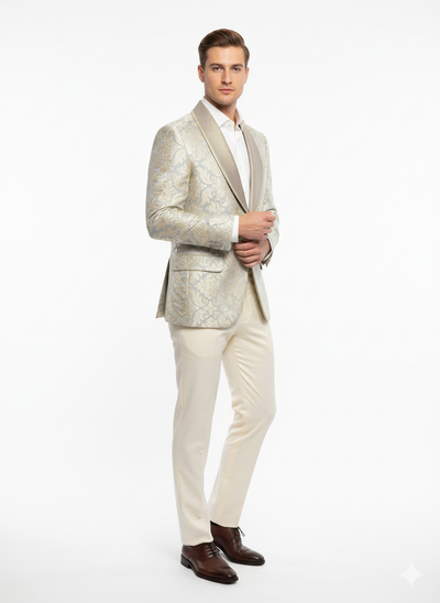 Men’s Champaign Silver and Cream Embroidered Luxury Blazer – Floral Pattern Wedding & Party Dinner Jacket in Light Tan Color 2   - from alligatorwarehouse.com