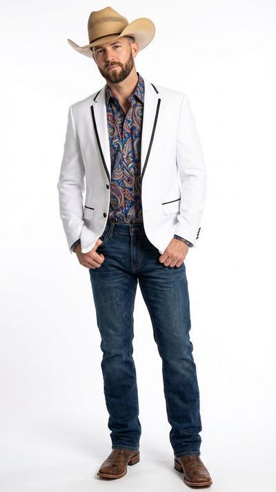 Men’s White Western Blazer with Black Trim – Classic Cowboy Style