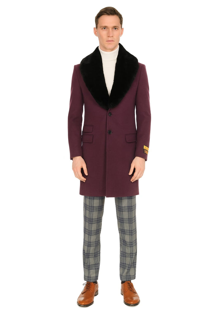 Mens Purple Wool Overcoat with Black Faux Fur Collar – Luxury Winter Dress Coat for Formal and Casual Wear