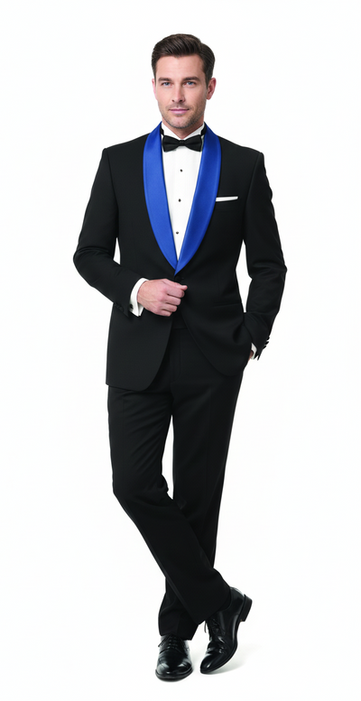 Men’s Black Tuxedo with Royal Blue Shawl Lapel | Modern Formal Dinner Jacket Suit + Pants for Weddings, Proms