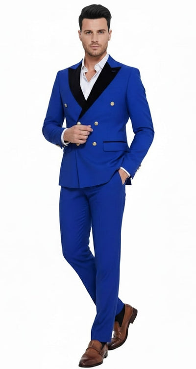 Mens Royal Blue Double-Breasted Tuxedo Suit – Modern Slim Fit Formal Wedding and Prom Outfit with Black Satin Lapel 1   - from alligatorwarehouse.com