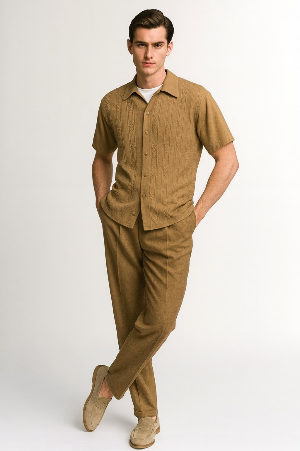 Mens Mocha Brown Short Sleeve Knit Walking Suit – Two-Piece Casual Button Down Set in Taupe Coffee Color 1   - from alligatorwarehouse.com