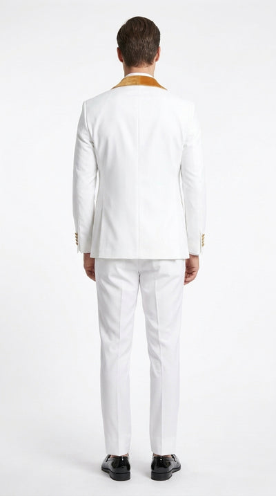 Men's White & Gold Tuxedo – Velvet Shawl Lapel 3 Piece Wedding & Prom Suit