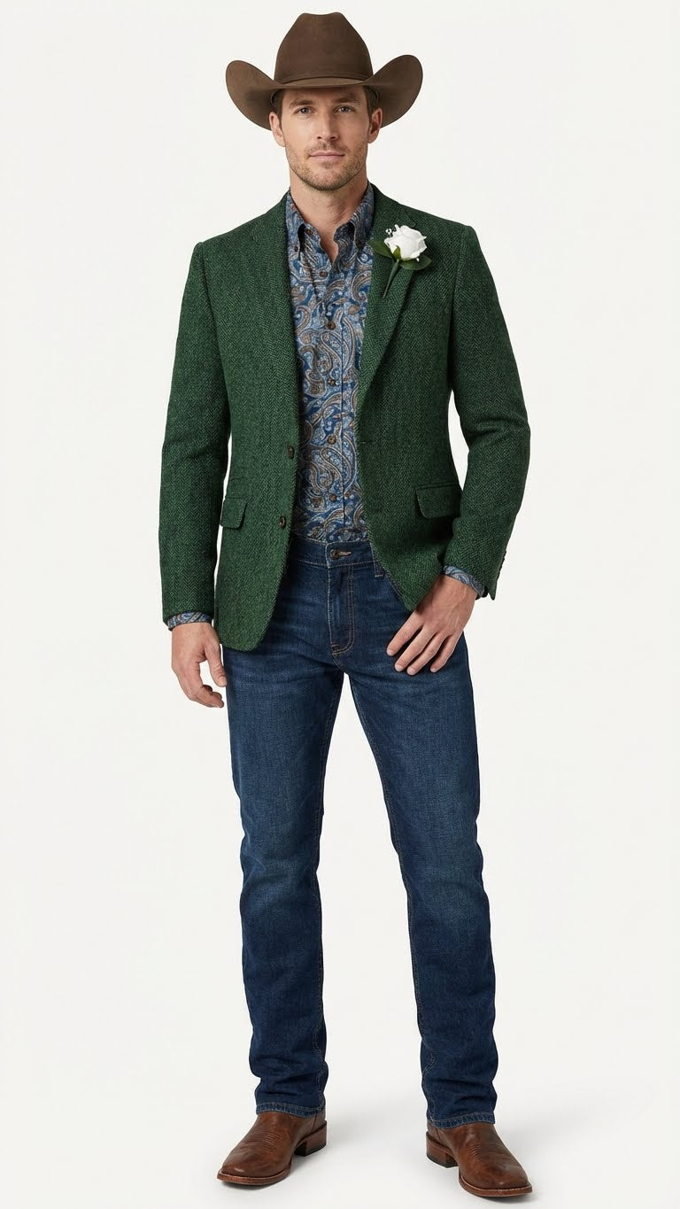 Men’s Green Western Blazer Jacket – Classic Cowboy Style Sport Coat for Wedding, Party and Formal Events