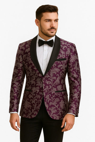 Mens Purple and White Paisley Floral Brocade Tuxedo Jacket - Suit with Satin Lapel Wtih Black Pants 1   - from alligatorwarehouse.com