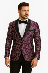 Mens Purple and White Paisley Floral Brocade Tuxedo Jacket - Suit with Satin Lapel Wtih Black Pants