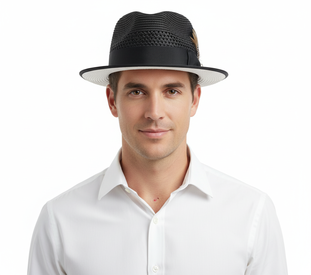 Men’s Two-Tone Black and White Fedora Hat with Feather Accent – Stylish Summer Dress Hat