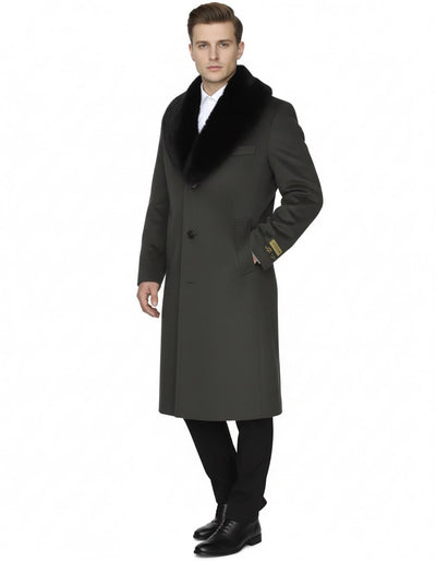 Mens Full Length Olive Overcoat with Black Fur Collar – Luxury Wool Fabric Winter Long Coat in Hunter Green 1   - from alligatorwarehouse.com