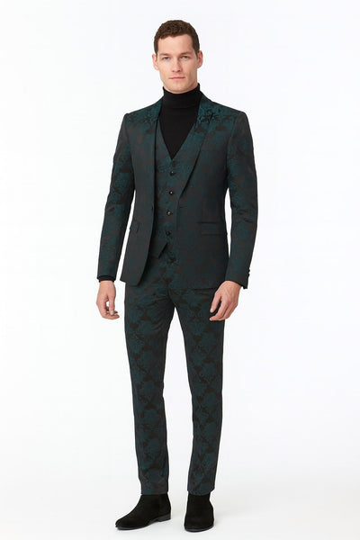Men’s Emerald Green Floral Jacquard 3-Piece Tuxedo Suit – Slim Fit Formal Set with Blazer, Vest, and Pants Paisley Fabric - Ultra slim fitted 1   - from alligatorwarehouse.com