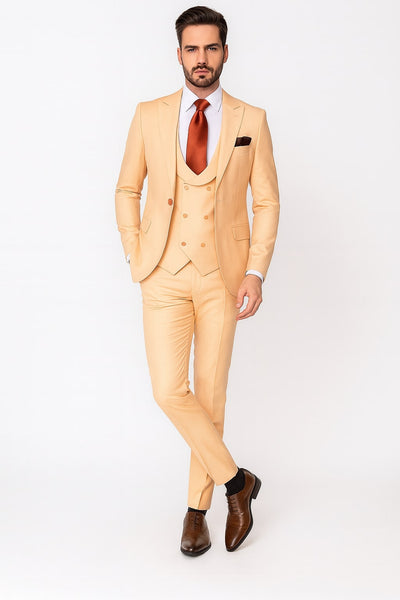 Mens Peach 3-Piece Suit – Double-Breasted Vest, Notch Lapel Blazer, Slim Fit Dress Pants 3   - from alligatorwarehouse.com