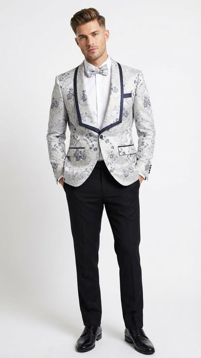 Men’s White and Navy Blue Lapel  Floral Jacquard Blazer with Contrast Shawl Lapel – Luxury Wedding and Party Wear Jacket paisley Tuxedo Navy Pants