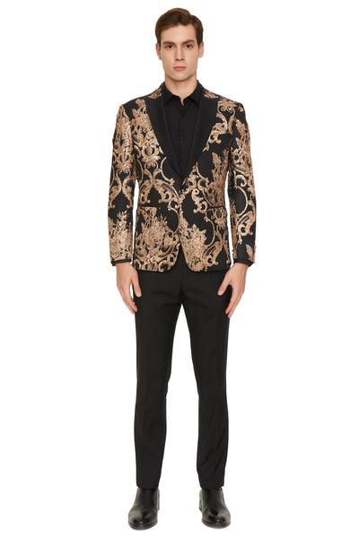 Mens Black and Rose Gold Floral Embroidered Blazer Suit Black Pants – Luxury Tuxedo Jacket for Weddings, Proms and Parties 1   - from alligatorwarehouse.com