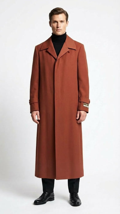 Men’s Full-Length Cognac Overcoat – Premium Wool-Blend Long Dress Coat for Winter and Formal Wear in Rust Brick Color