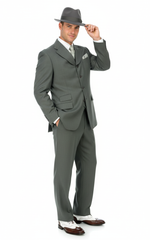 Men’s 1920s Gray Zoot Suit  – 4 Buttons  Gangster Wide Lapel Long Jacket 3-Piece Suit in Grey Color Classic Fit Pleated Pants