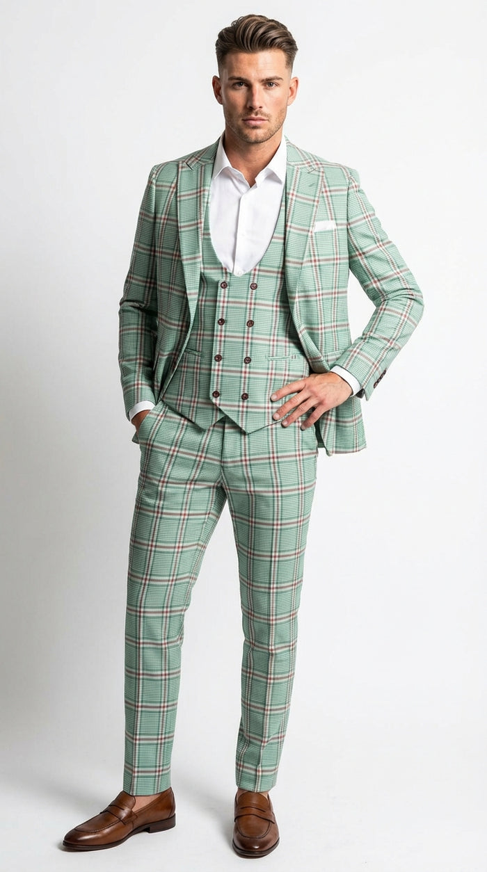 Mint Green Plaid Three Piece Suit for Men | Classic Checkered Formal Suit with Jacket Vest and Pants By Rossiman