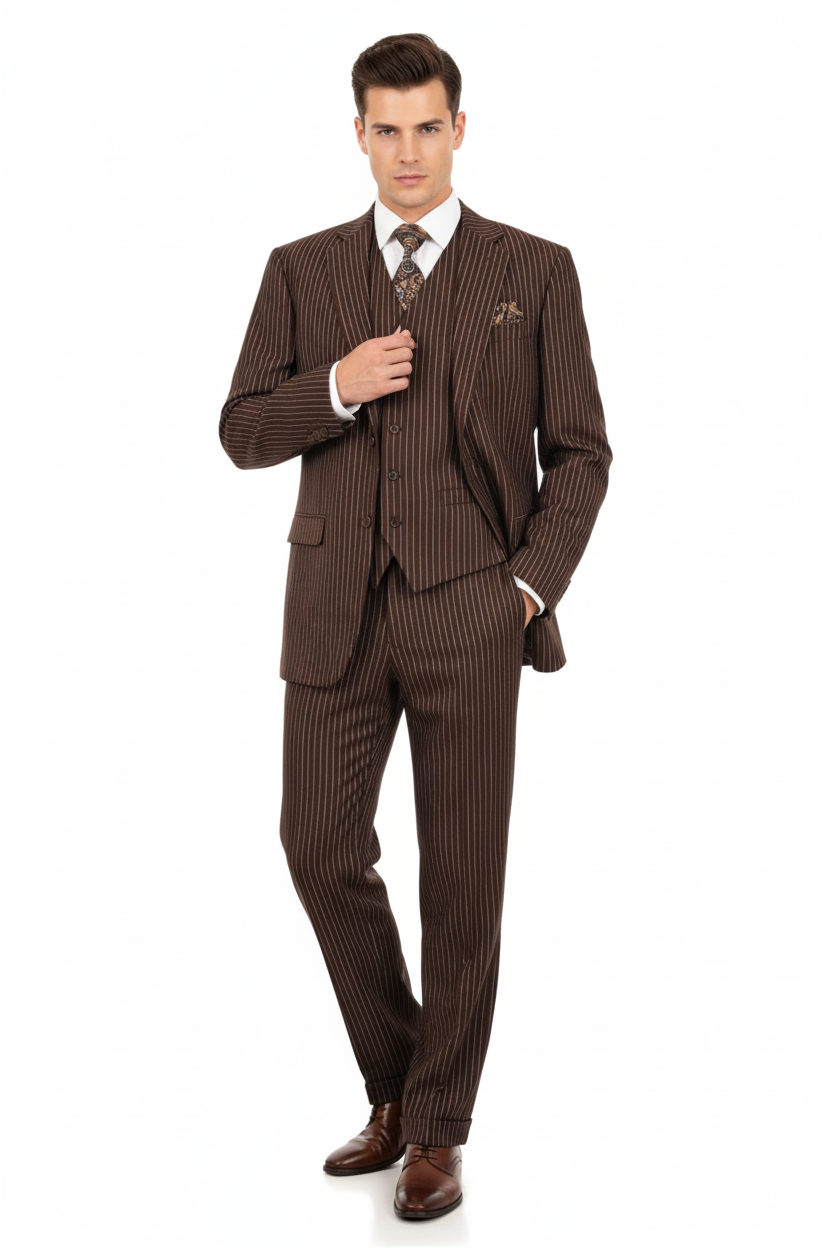 Men’s Brown Pinstripe 3-Piece Suit – Classic Business and Formal Wear with Vest