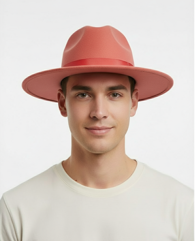 Men’s Coral Pink Wide Brim Fedora Hat – Wool Felt Dress Hat with Red Ribbon Band 1   - from alligatorwarehouse.com