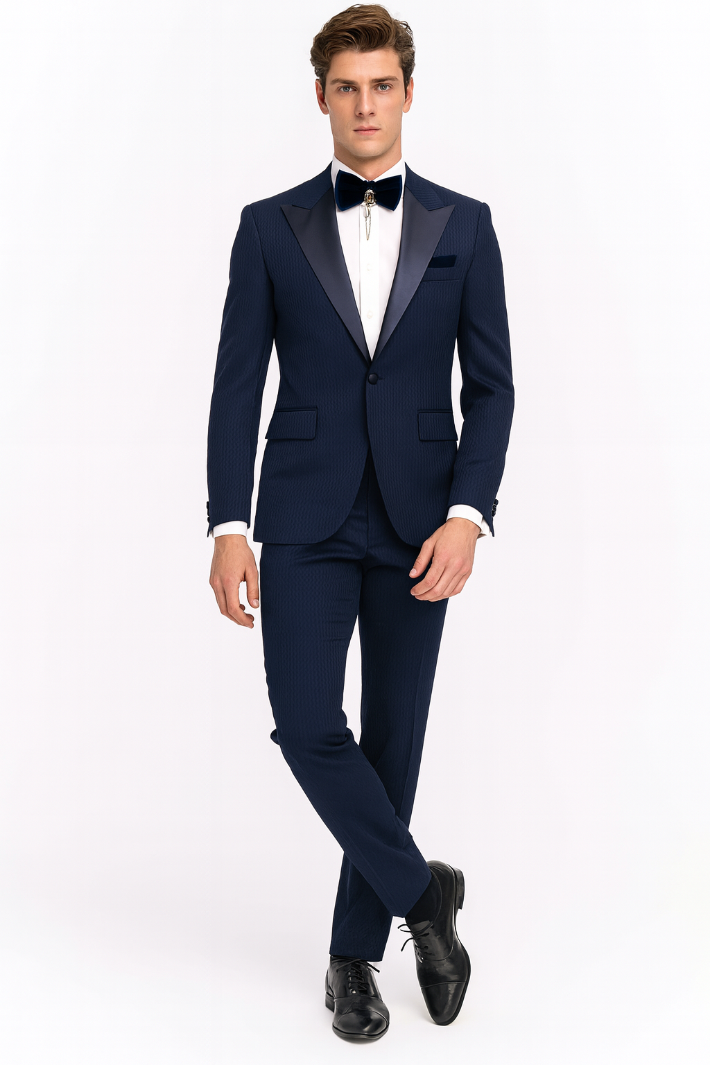 Men’s Navy Blue Tuxedo with Satin Peak Lapel With Matching Color Lapel Sateen – Formal 2 Piece Suits