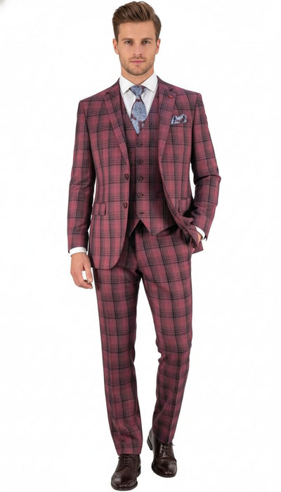 Mens Red Burgundy Plaid 3-Piece Suit – Classic Checkered Modern Fit Suit for Weddings, Church and Formal Events 1   - from alligatorwarehouse.com