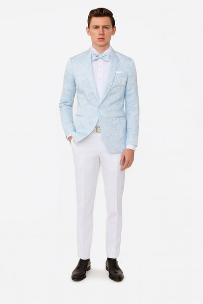 Mens Light Blue Paisley Tuxedo Jacket with Matching Bow Tie – Slim Fit Blazer for Weddings, Prom, and Formal Events 1   - from alligatorwarehouse.com