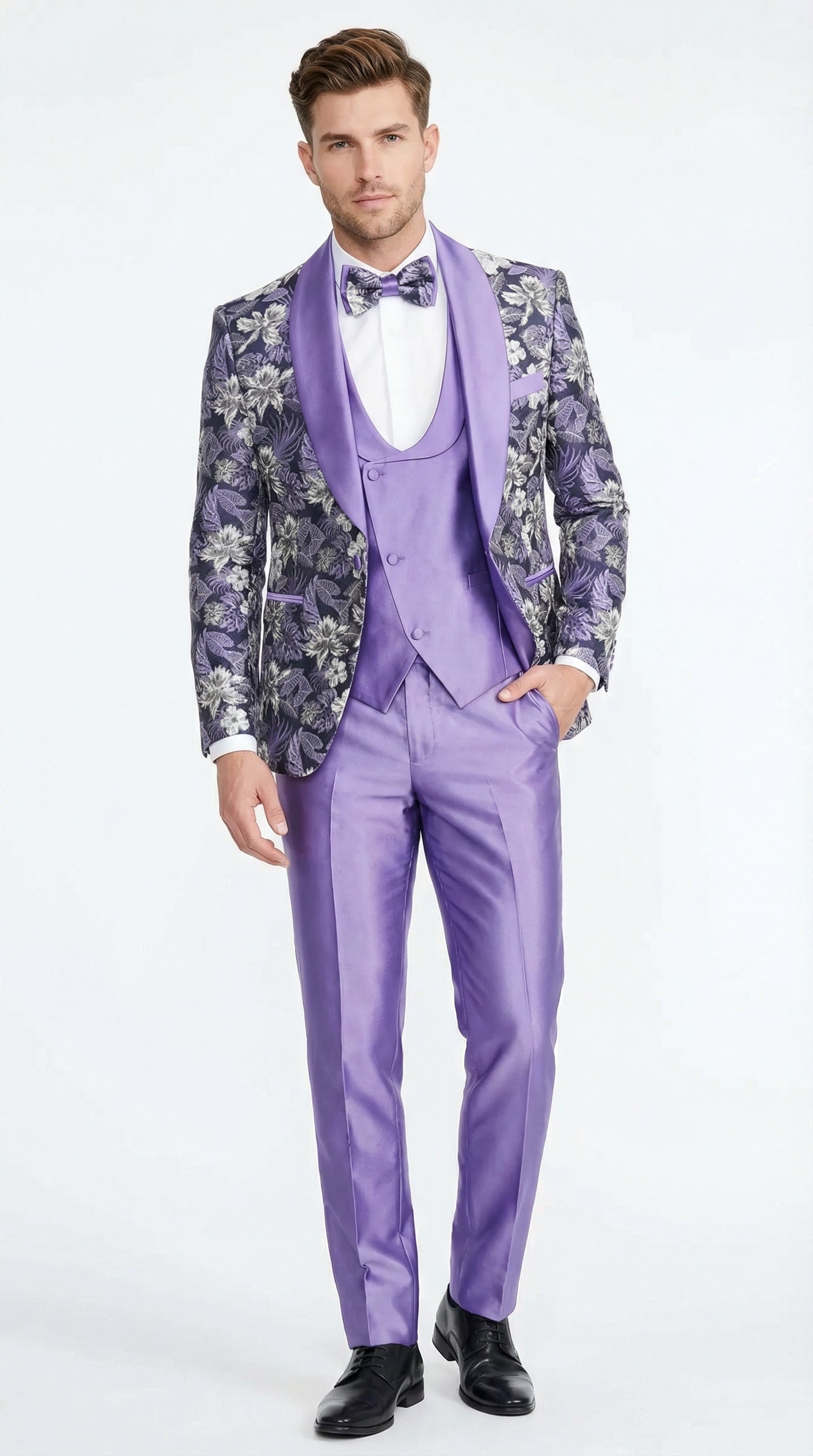 Men’s Purple Floral Prom Suit with Shawl Lapel – Luxury Formal Tuxedo Outfit for Prom, Wedding and Special Events