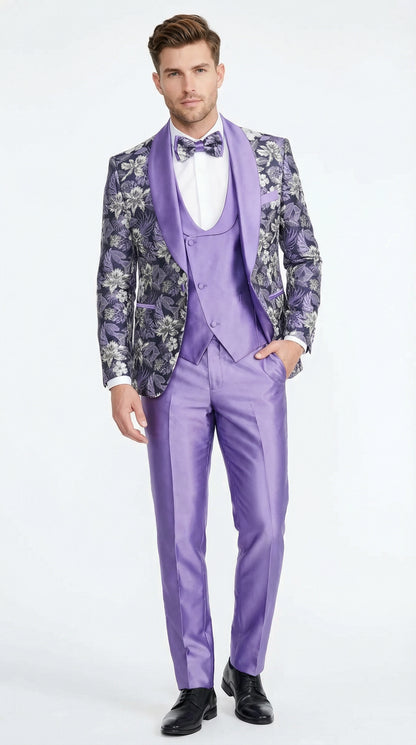 Men’s Purple Floral Prom Suit with Shawl Lapel – Luxury Formal Tuxedo Outfit for Prom, Wedding and Special Events