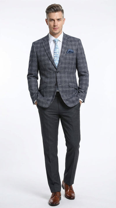 Mens Charcoal Gray with Blue Plaid Pattern Blazer Jacket – Classic Check Pattern Sport Coat for Business, Office, and Smart Casual Wear