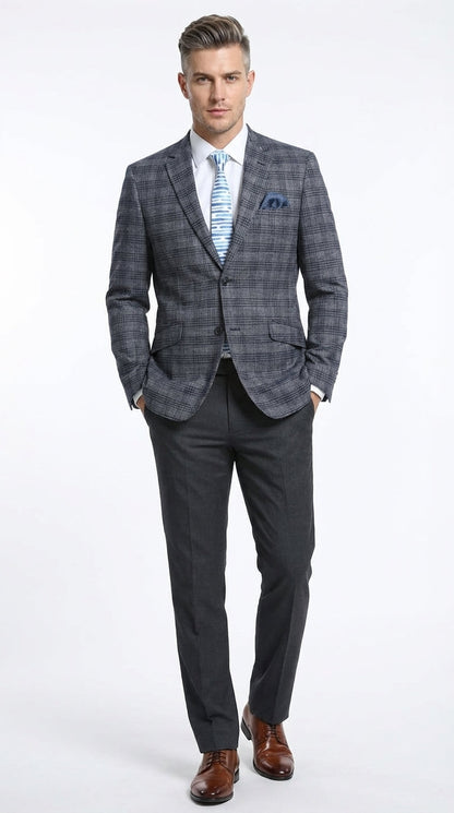 Mens Charcoal Gray with Blue Plaid Pattern Blazer Jacket – Classic Check Pattern Sport Coat for Business, Office, and Smart Casual Wear