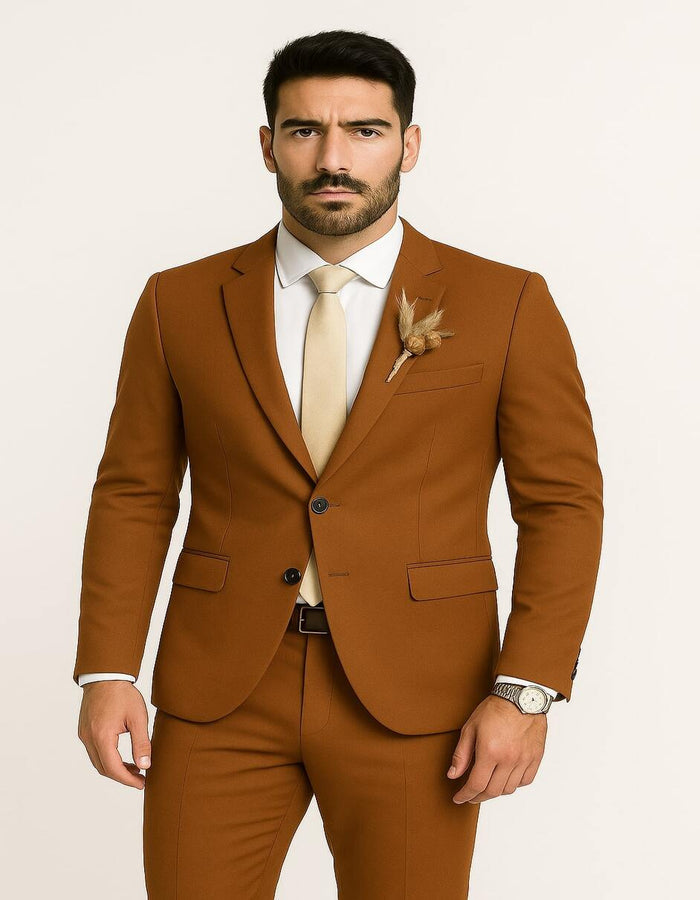 Mens Rust Brown Wedding Suit Modern Slim Fit Groom Suit for Fall Outdoor Ceremonies