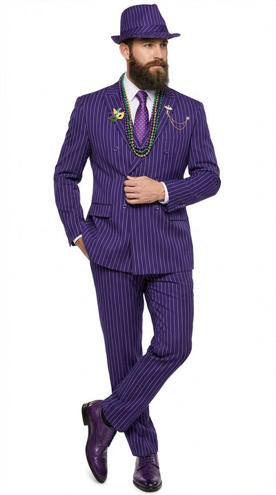 Men’s Purple Pinstripe Mardi Gras Suit | Classic Double Breasted Formal Carnival Suit