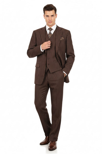 Men’s Brown Pinstripe 3-Piece Suits – Classic Business and Formal Wear with Vest 1   - from alligatorwarehouse.com