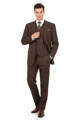 Men’s Brown Pinstripe 3-Piece Suits – Classic Business and Formal Wear with Vest