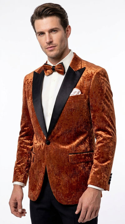 Men’s Burnt Orange Sequin Velvet Blazer – Kingsman Golden Bee Inspired Black Peak Lapel Dinner Jacket