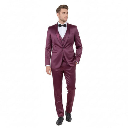 Mens Sateen Shiny Burgundy Slim Fit Tuxedo – Satin Shawl Lapel 3-Piece Suit