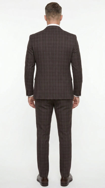 Men’s Vitali 3PC Suit – Choclate Brown and blue Plaid Check 3-Piece Suit with Double-Breasted Vest Modern Fit Side Vented