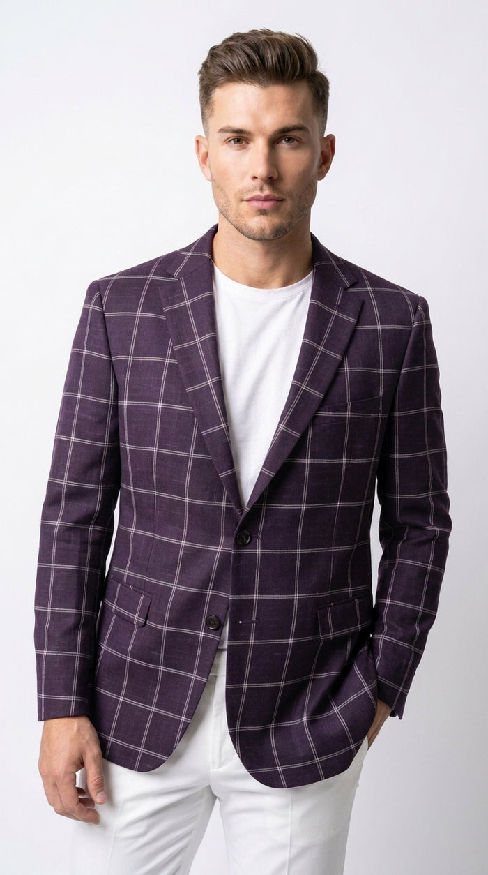 Men's Purple Windowpane Sport Coat – Classic Fit Plaid Blazer Jacket for Business, Wedding & Casual Wear