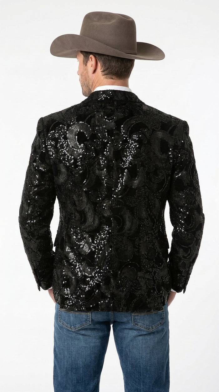 Men’s Black Sequin Western Blazer – Embroidered Cowboy Tuxedo Jacket with Rhinestone Lapels