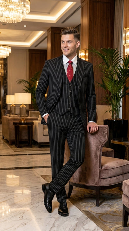 Men’s Gomez Addams Black Pinstripe 3 Piece Suit – Vintage Gangster Gothic Style Suit