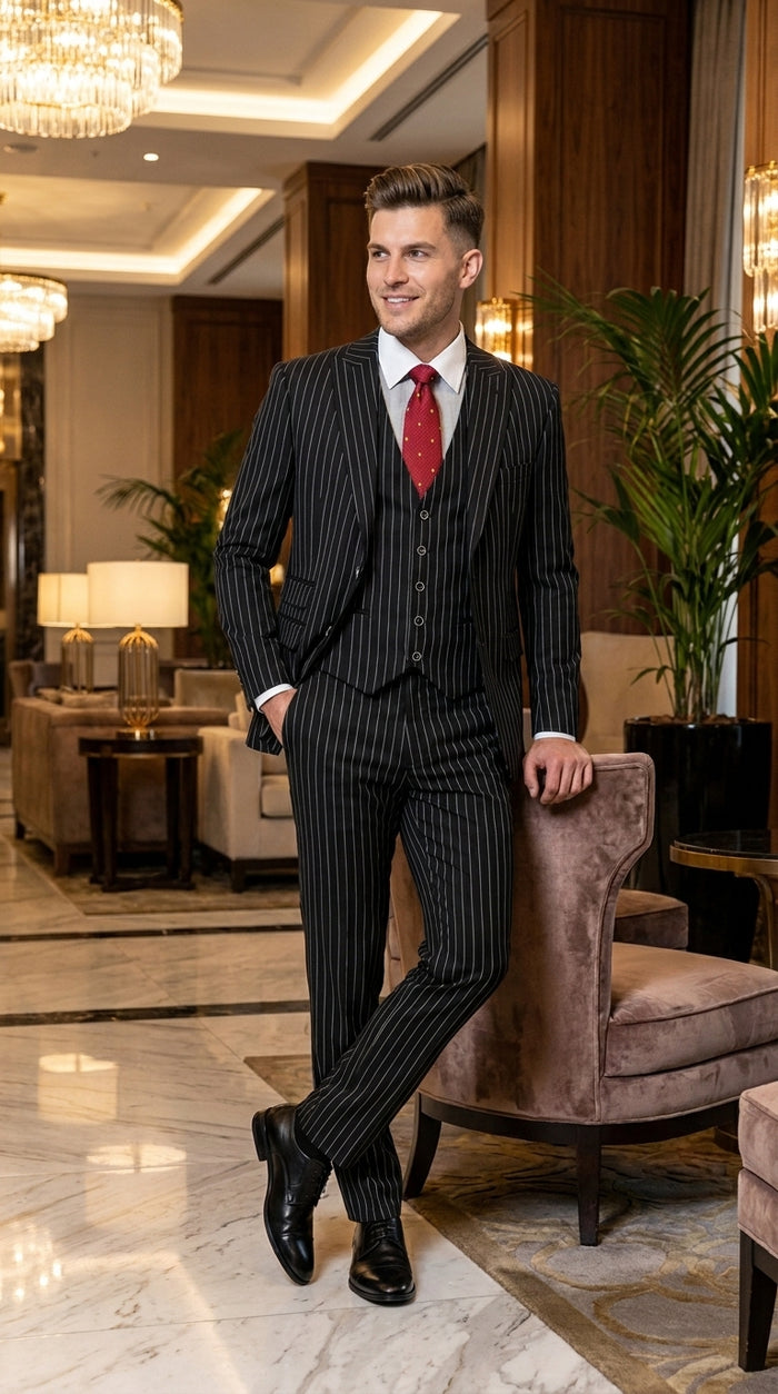 Men’s Gomez Addams Black Pinstripe 3 Piece Suit – Vintage Gangster Gothic Style Suit