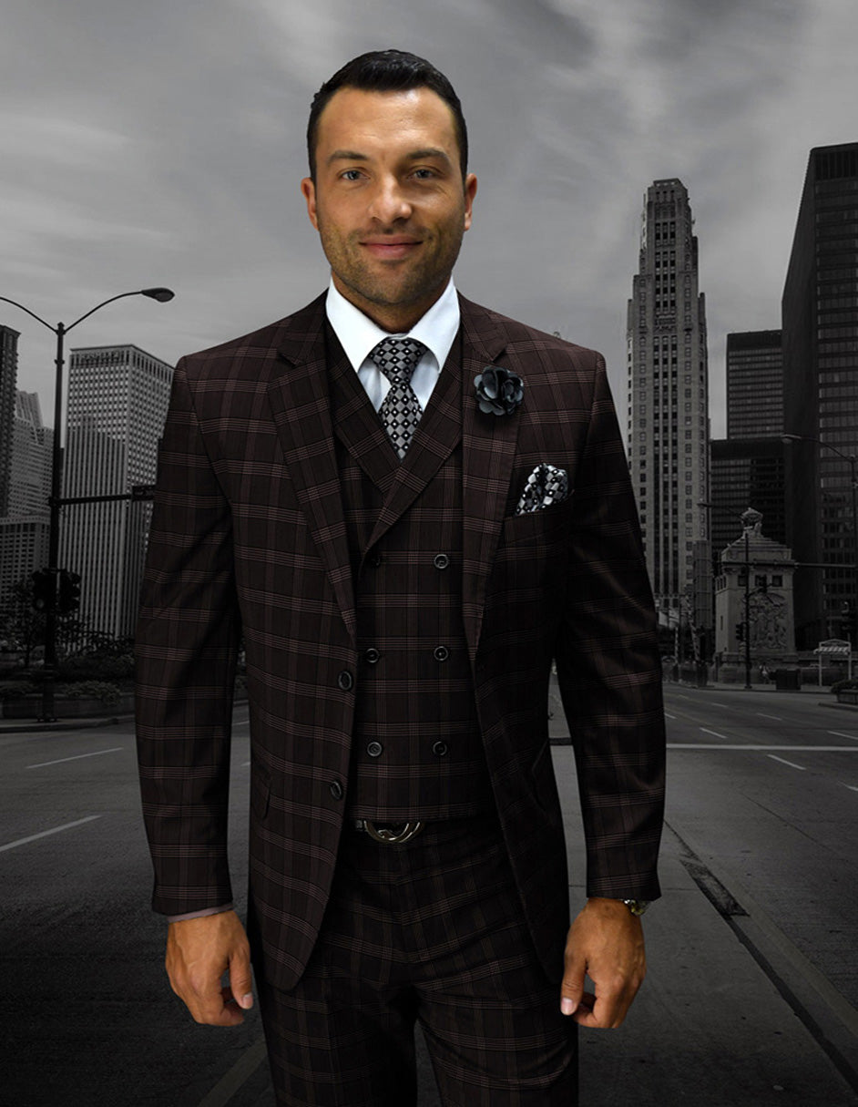 Mens 2 Button Double Breasted Vest Suit in Brown Plaid 1 ABANO-2_BROWN_42R  - from alligatorwarehouse.com