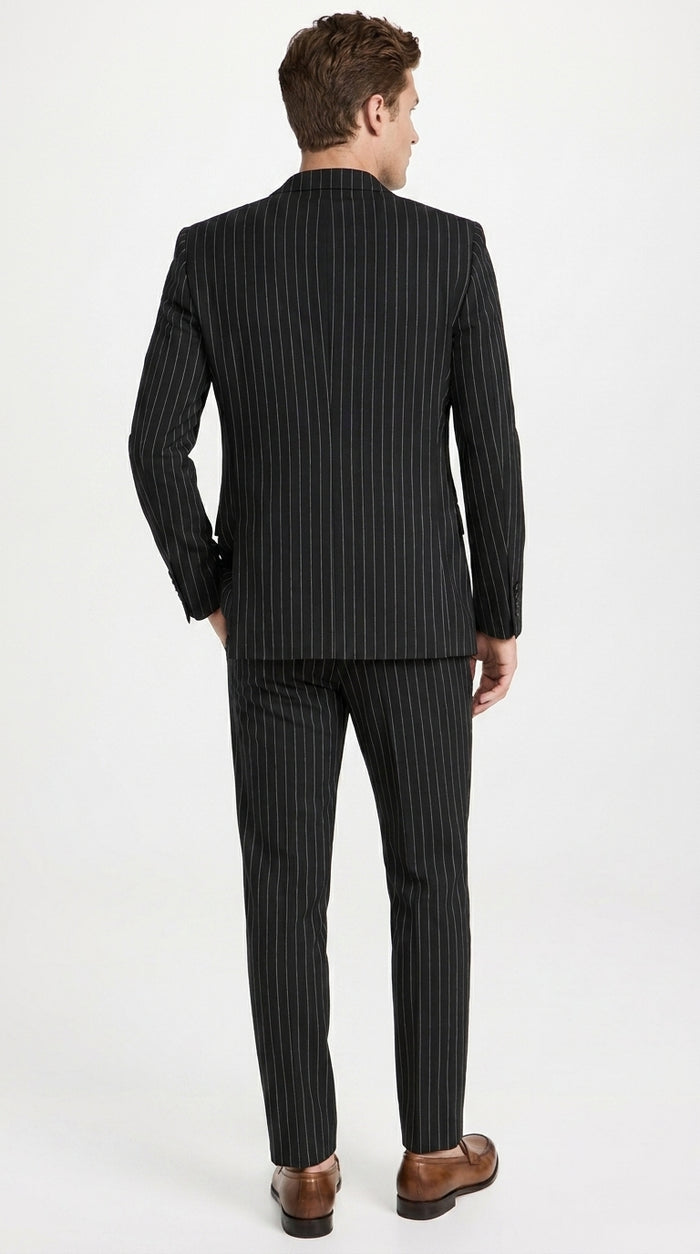Men’s Black Pinstripe 2-Piece Tuxedo Suit – Two-Button Jacket and Matching Formal Pants