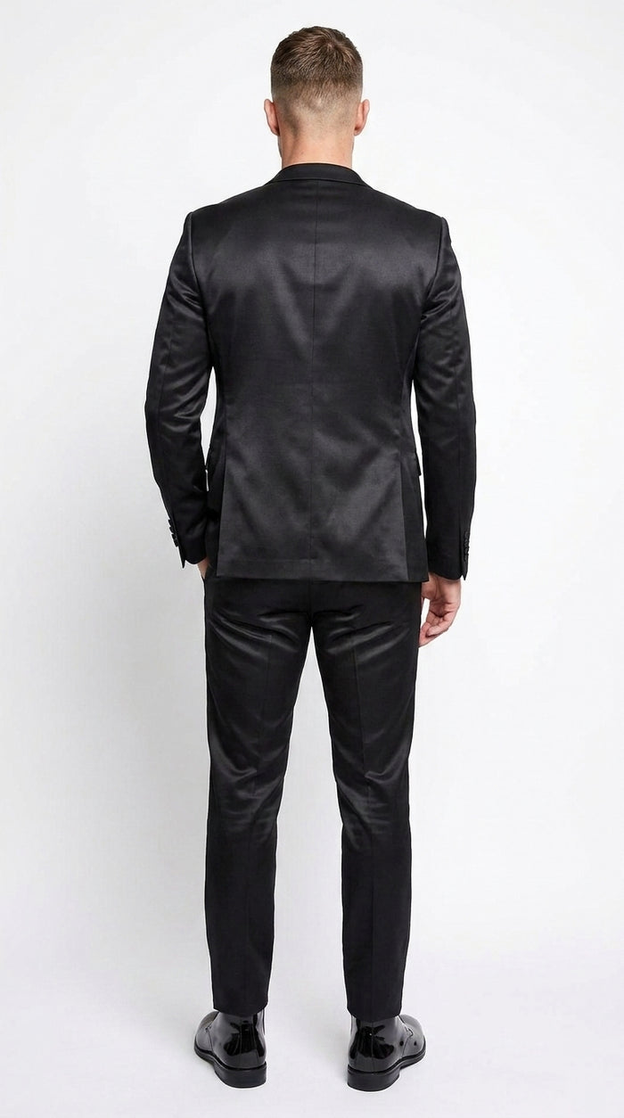 Men’s Black Shiny Sharkskin 2 Piece Suit, Formal Wedding Prom Party Dress Suit
