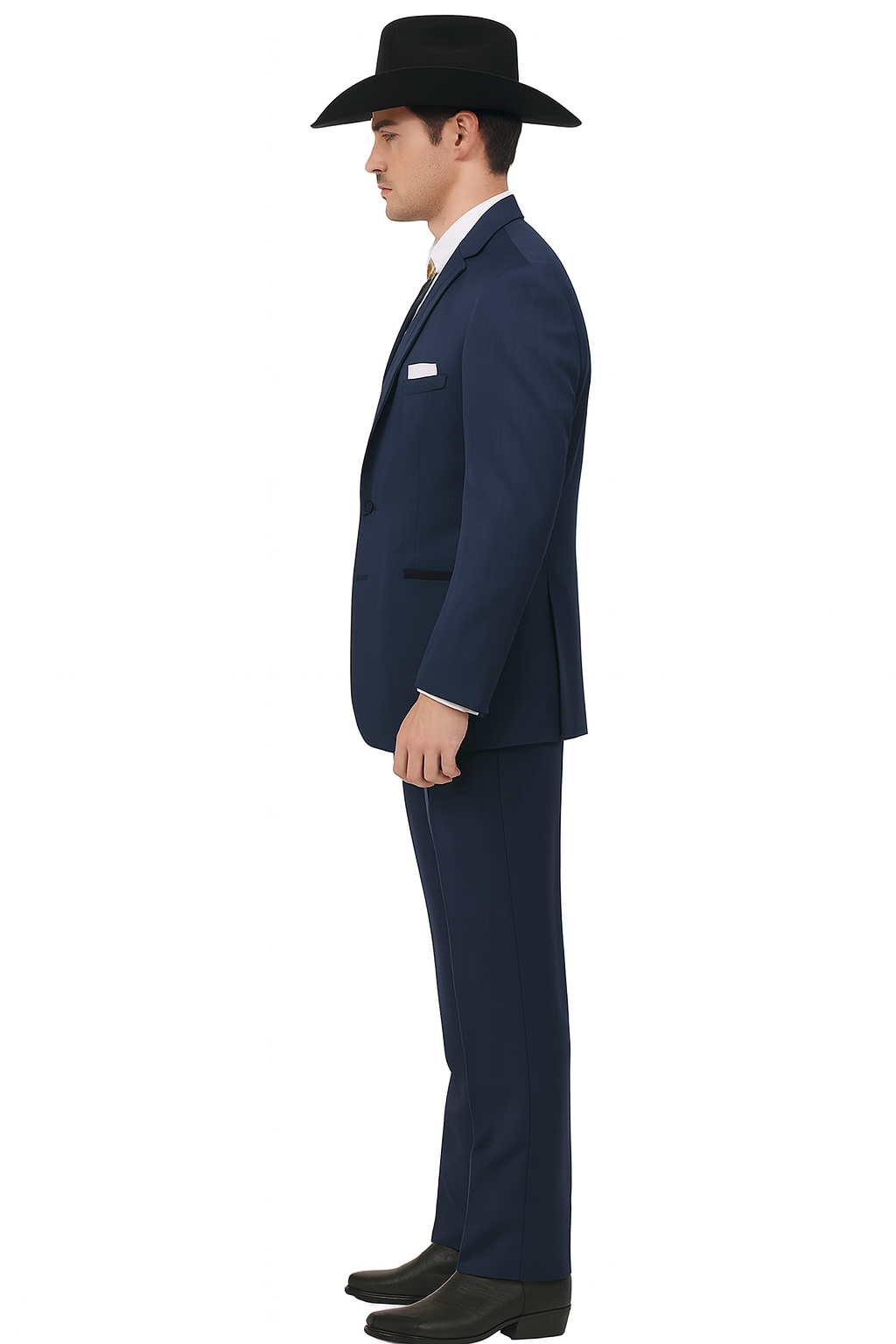 2 Button Vested Satin Trim Lapel Cowboy Tuxedo in Navy