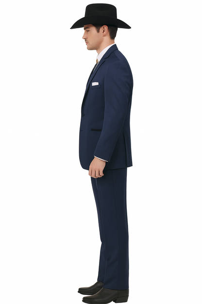 2 Button Vested Satin Trim Lapel Cowboy Tuxedo in Navy