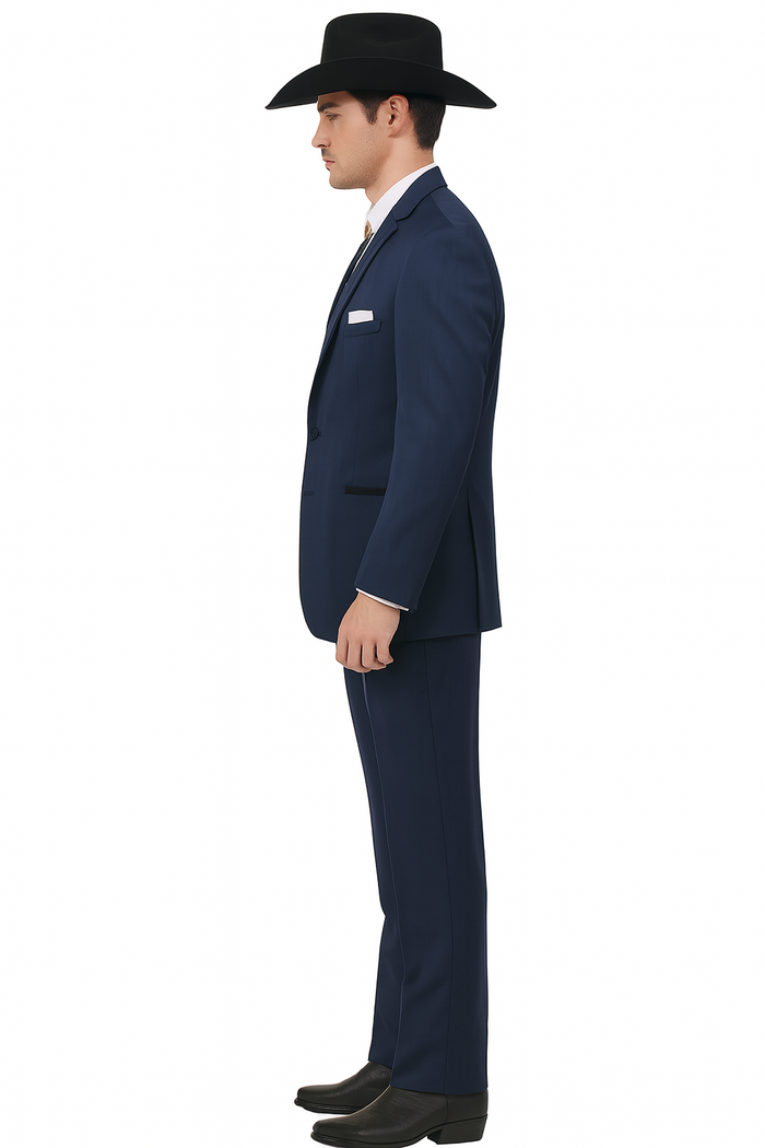 2 Button Vested Satin Trim Lapel Cowboy Tuxedo in Navy