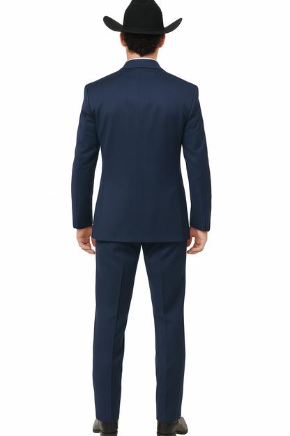 2 Button Vested Satin Trim Lapel Cowboy Tuxedo in Navy
